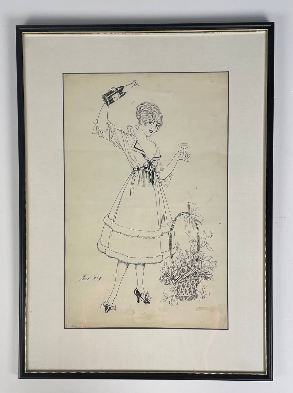 Тушь на бумаге «Девушка с шампанским»