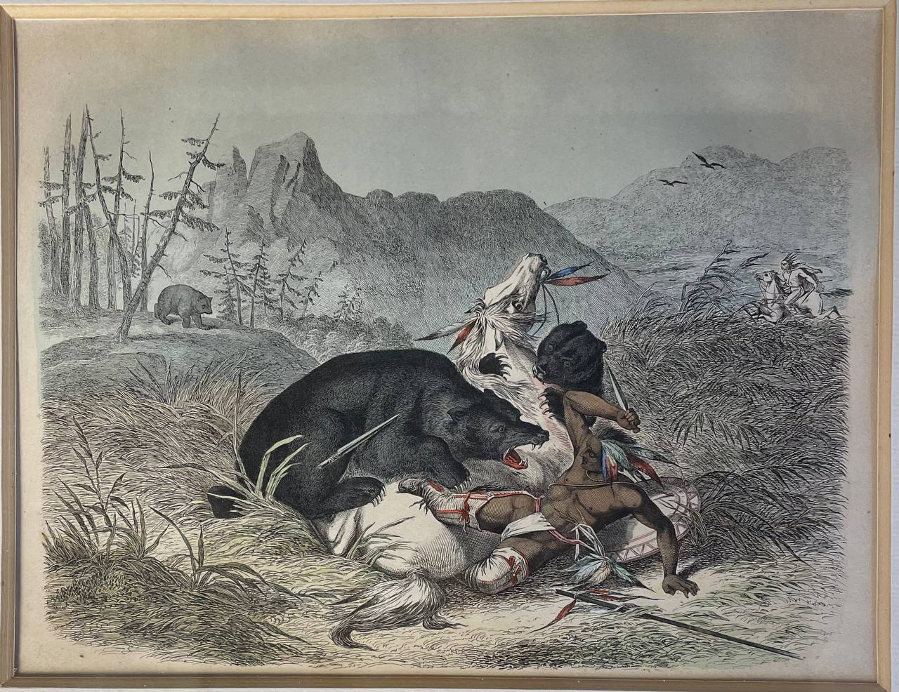 Антикварный эстамп «Нападение медведей на охоте»