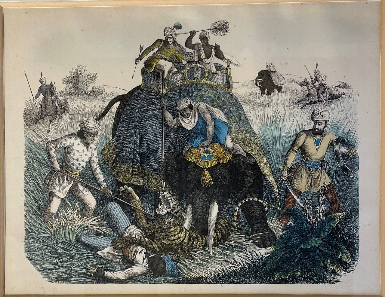 Антикварный эстамп "Охота на тигра"