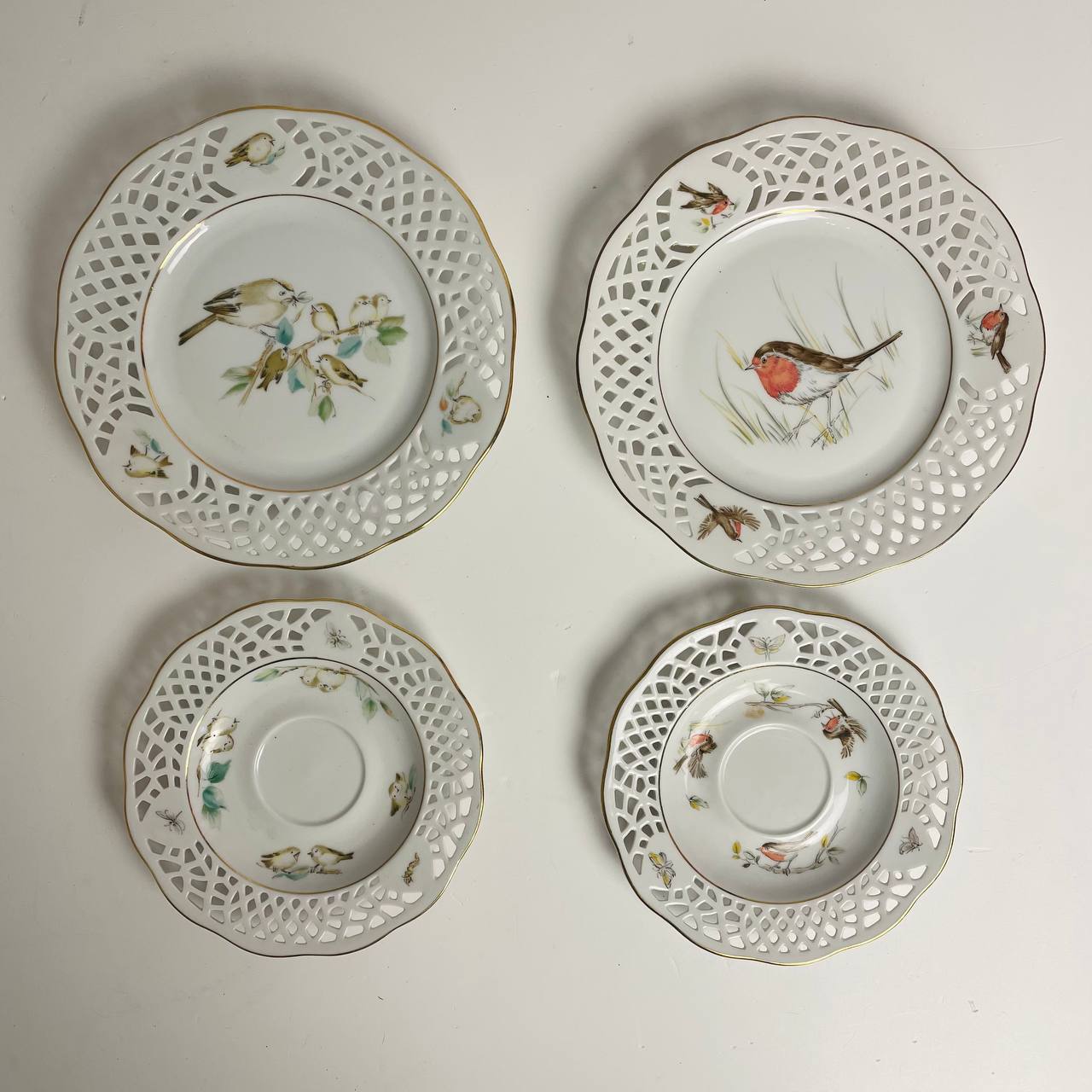 Винтажные пирожковые тарелочки с блюдцами «Птицы»