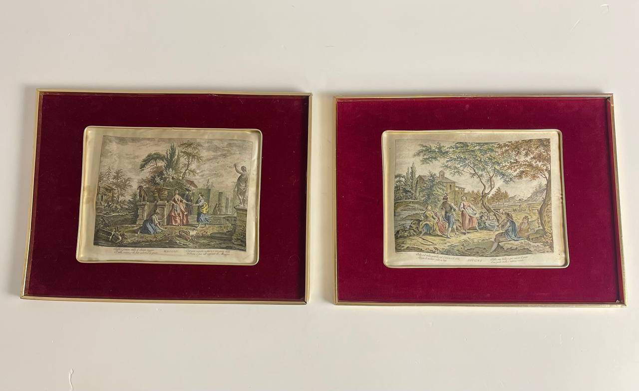 Пара антикварных шелкографий