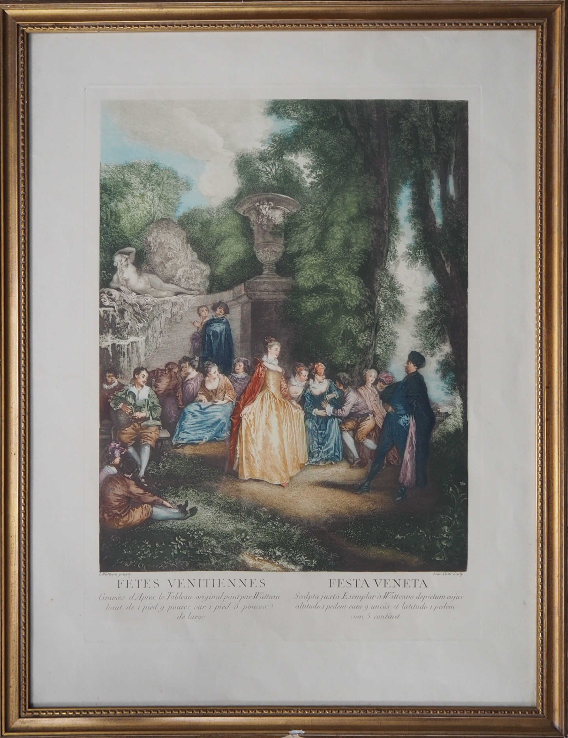 Гравюра старинная в раме “Венецианский праздник” L. Watteau.