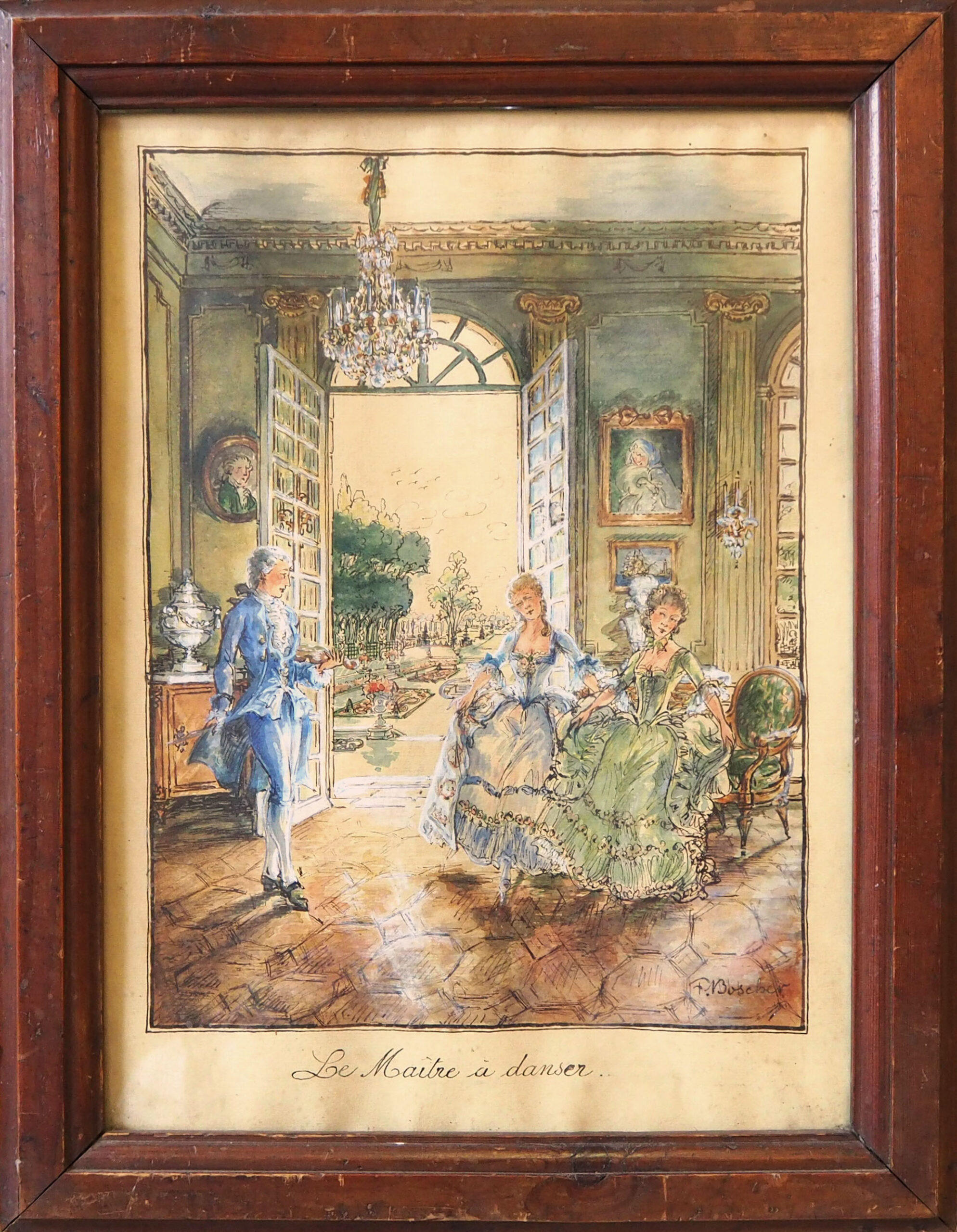 Акварель антикварная “Учитель танцев”. Ferdinand Jean Edouard Boscher. 1920-е гг.